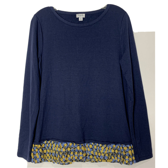 J CREW Pullover Top Navy Blue With Pleated Floral Hem Medium NEW - Picture 1 of 4